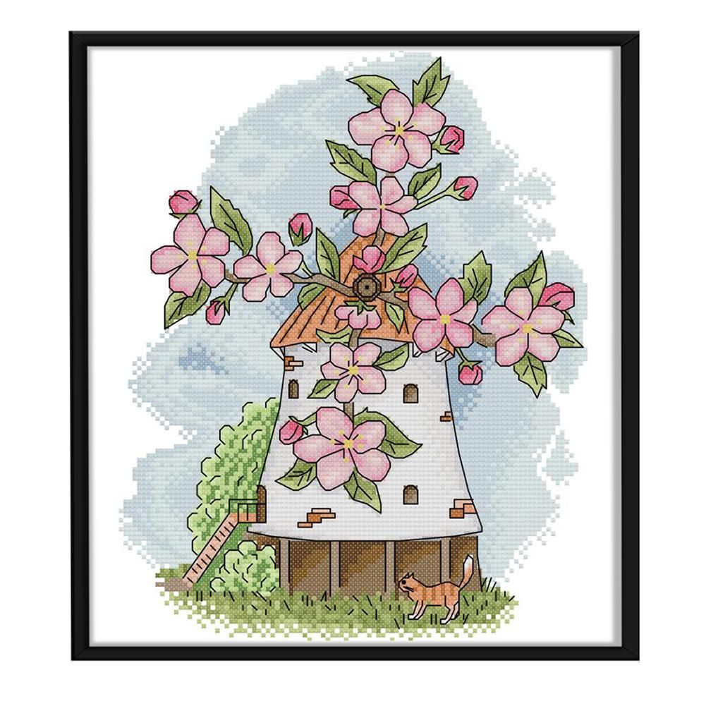 14CT Stamp Cross Stitch DIY Spring Windmill Needlework 27 X 31cm  FA045