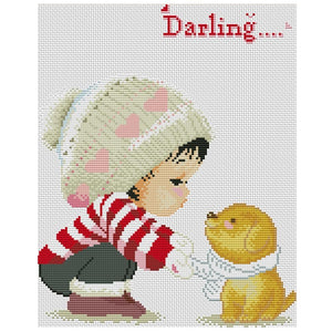 Cute Kids 3 Strand 11CT Stamped Fabric Cross Stitch DIY Kit  Boy Dog 1091