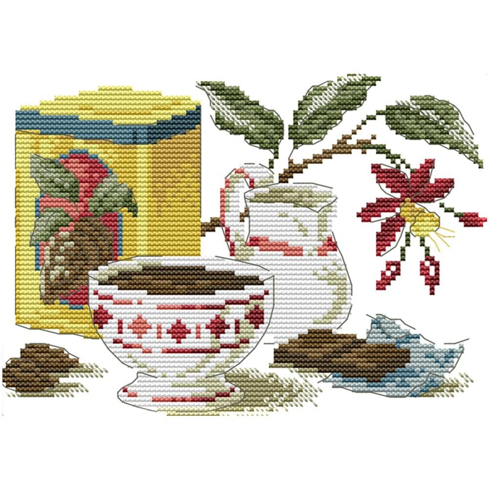 14CT Stamped Cotton Cross Stitch DIY Printed Needlework  Red Tea Set