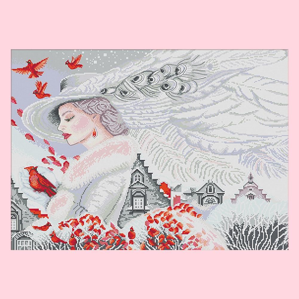 Stamped Cross Stitch Kit Woman 14CT Embroidery DIY Set  Woman Birds RA222