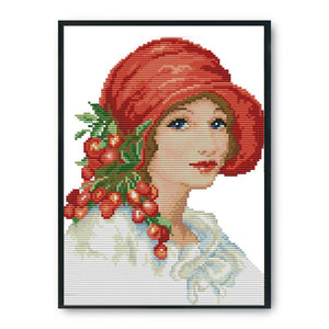 Stamped Cross Stitch Woman 14CT Embroidery Set  Woman in Red Hat RA216