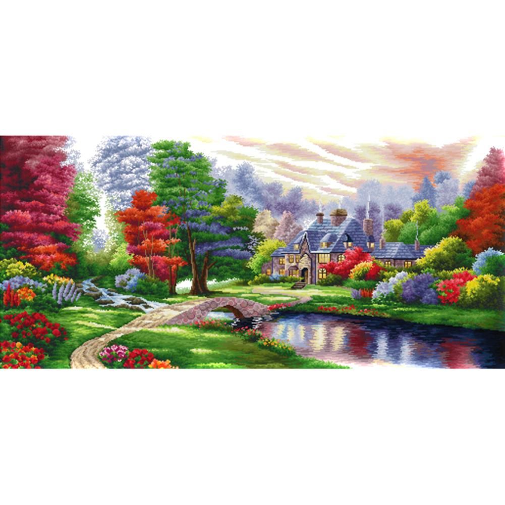 14CT Stamped Cross Stitch Needlework Kit Cotton Thread  F093 Village Trees