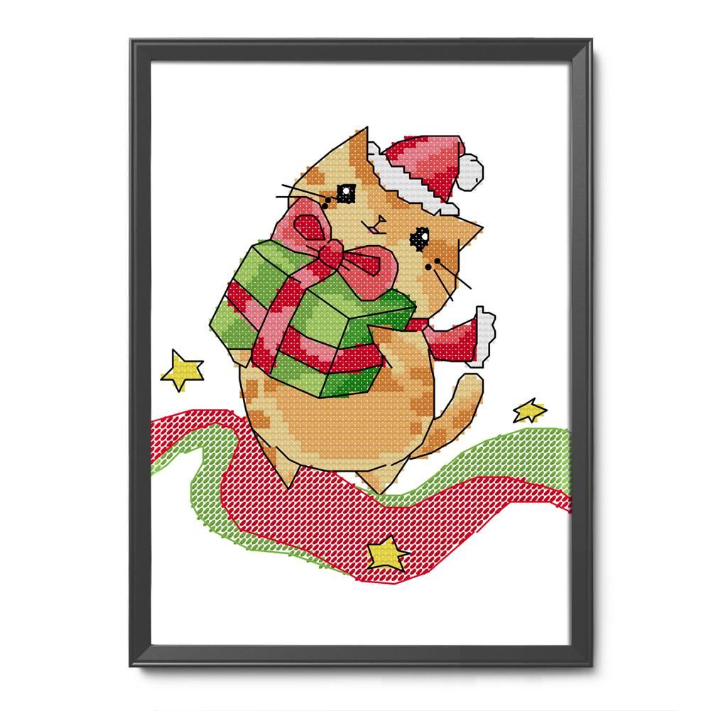 Christmas Kitten Cross Stitch 14CT Stamped Embroidery DIY Crafts  C914