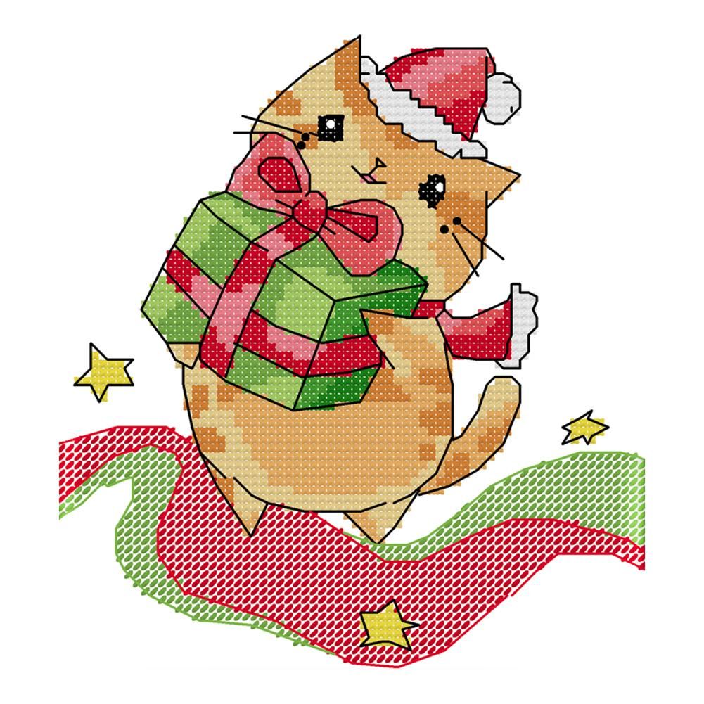 Christmas Kitten Cross Stitch 14CT Stamped Embroidery DIY Crafts  C914