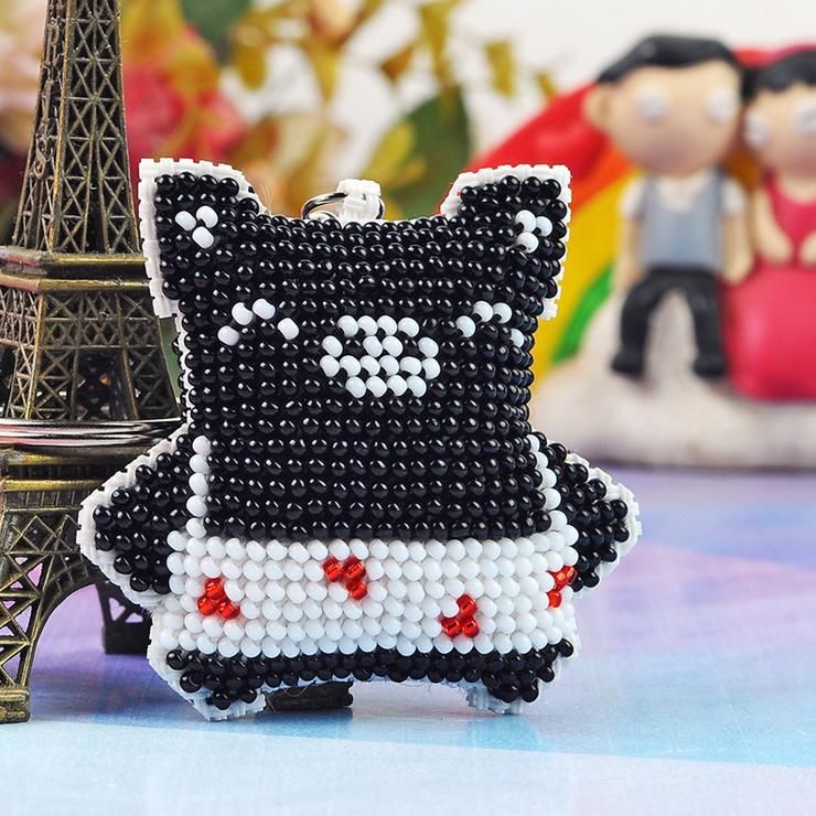 Bead Embroidery Keychain - Black Pig