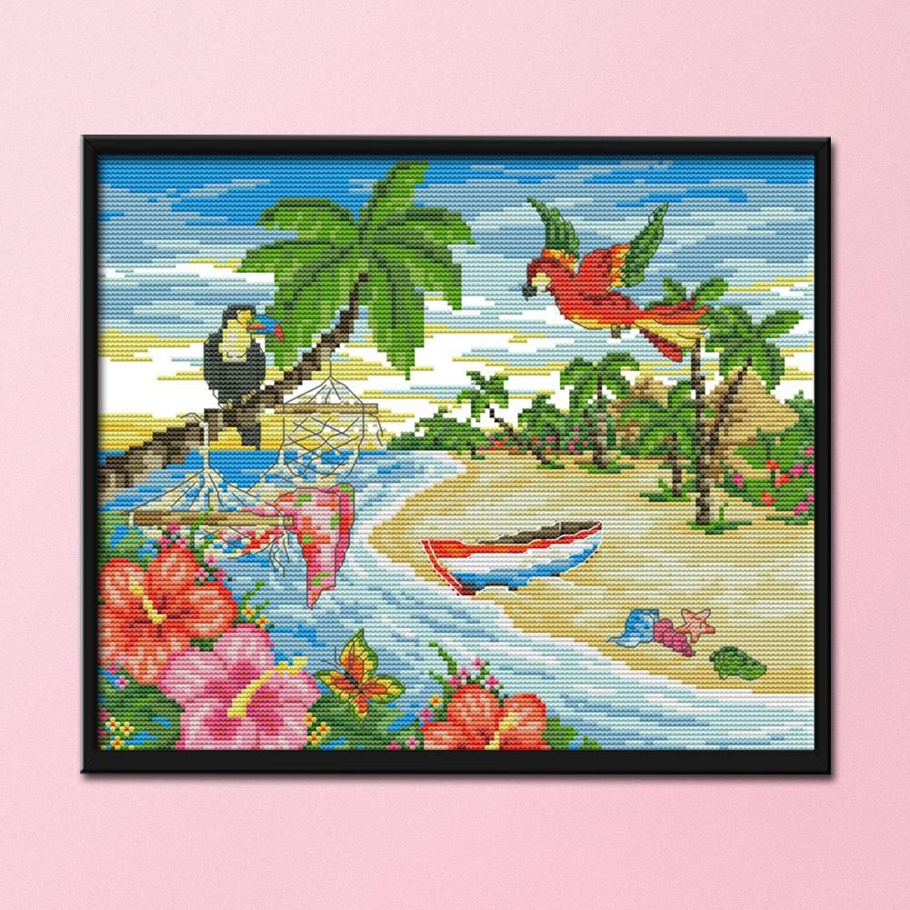 Summer Beach Cross Stitch 14CT Stamped Print On Canvas Needlework  F710