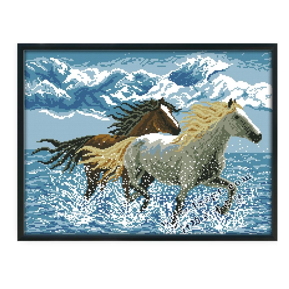 Stamped Cross Stitch Kit Horse 14CT Embroidery Set  Running Horses D544