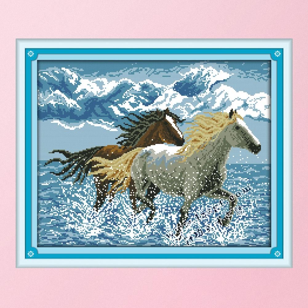 Stamped Cross Stitch Kit Horse 14CT Embroidery Set  Running Horses D544