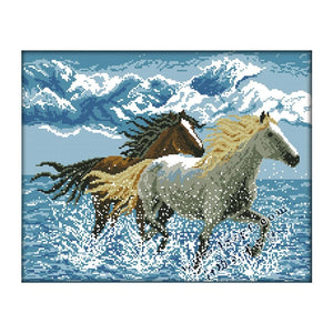 Stamped Cross Stitch Kit Horse 14CT Embroidery Set  Running Horses D544