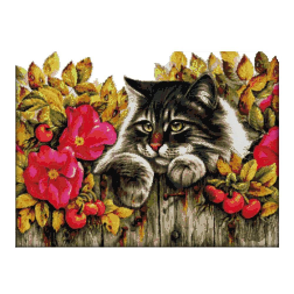 Stamped Cross Stitch Kit Cat 14CT Embroidery Set  Kitty in Flowers D501