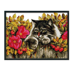 Stamped Cross Stitch Kit Cat 14CT Embroidery Set  Kitty in Flowers D501