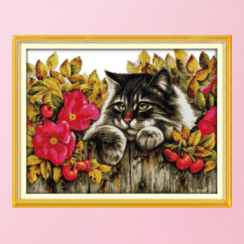 Stamped Cross Stitch Kit Cat 14CT Embroidery Set  Kitty in Flowers D501