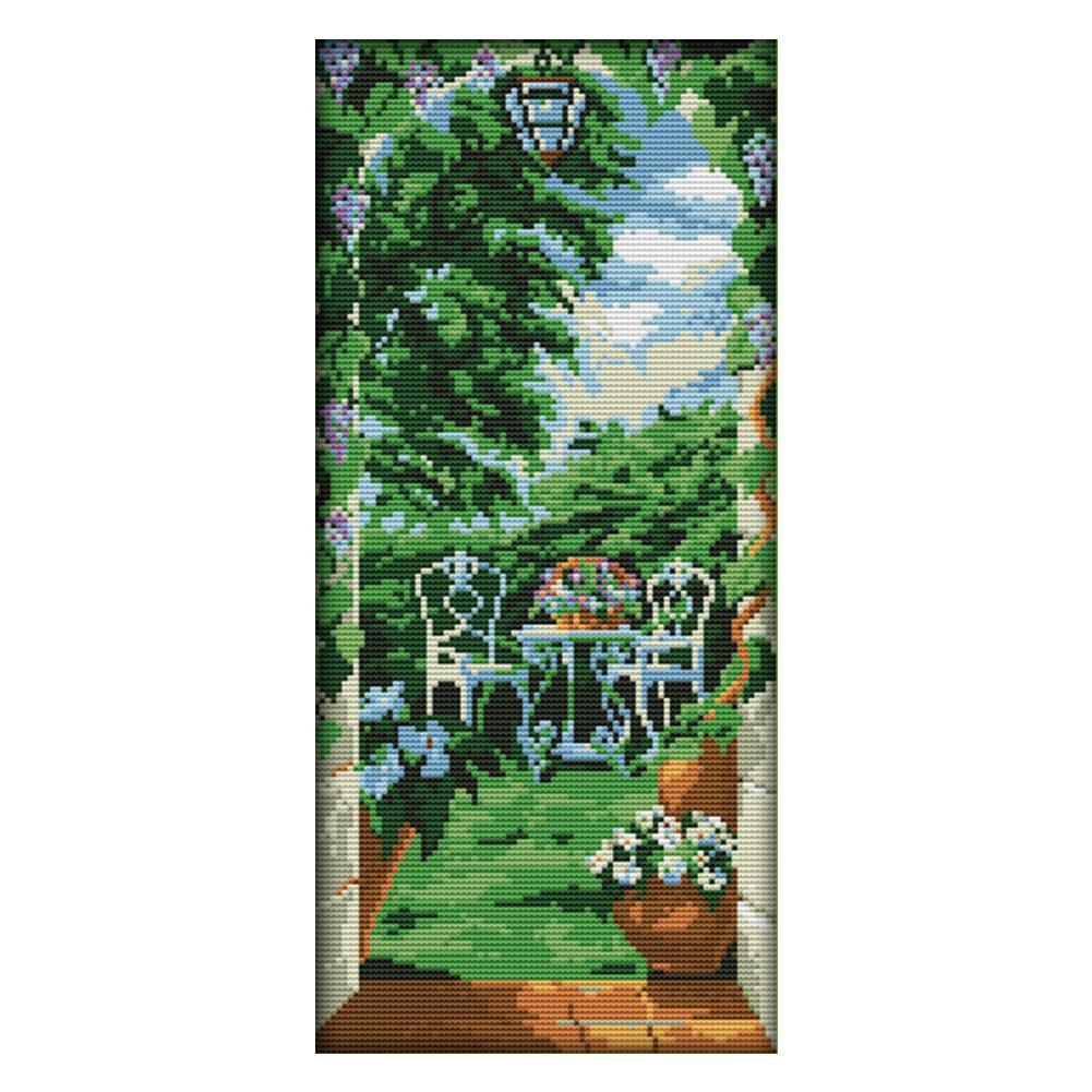 14CT Stamp Cross Stitch DIY Printed Needlework Crafts  F477 Courtyard View