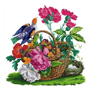 (48*48cm)14ct Stamped Cross Stitch - Birds Flowers Basket