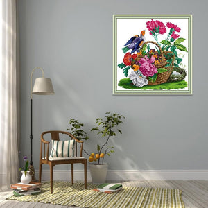 (48*48cm)14ct Stamped Cross Stitch - Birds Flowers Basket