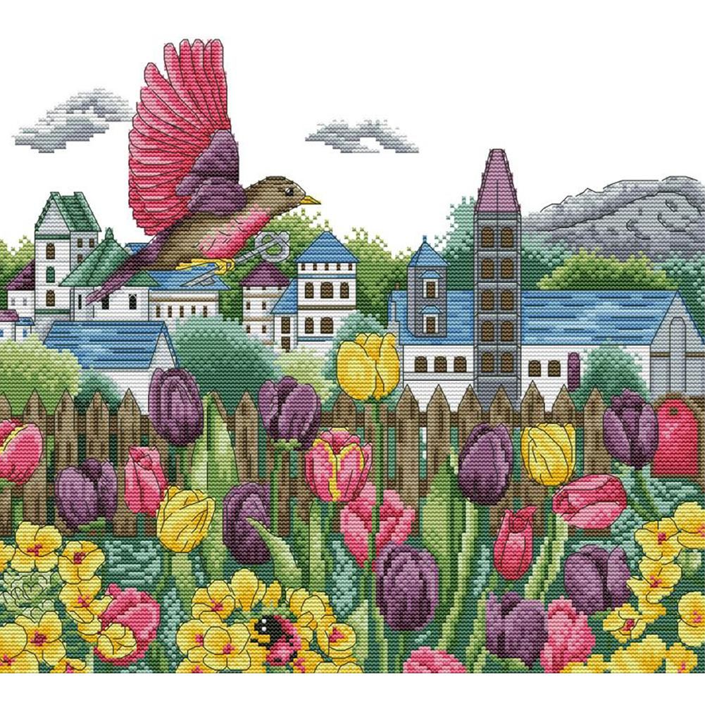 Tulip Bird 14CT Stamp Cross Stitch Cotton Embroidery Crafts 41x37cm  H808