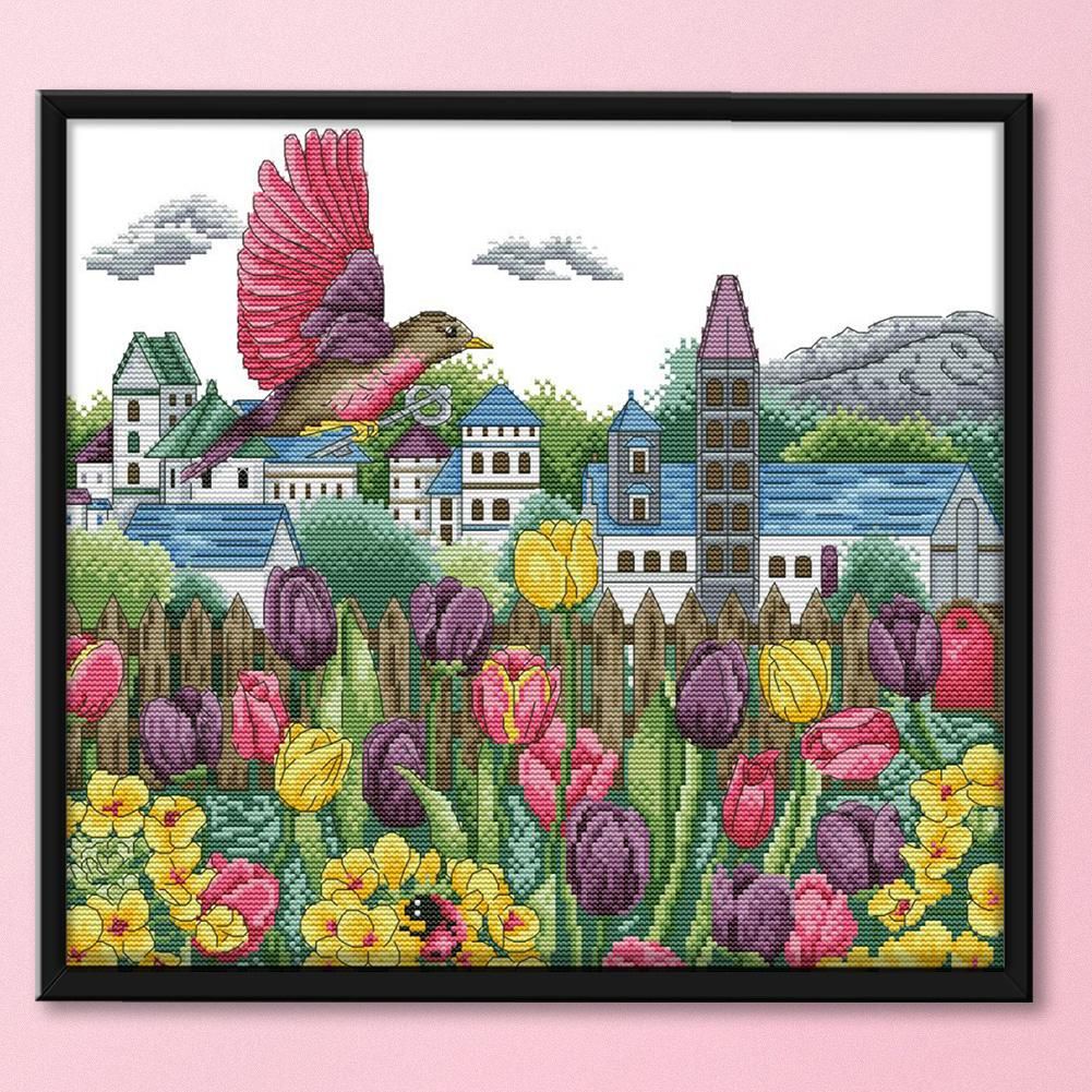 Tulip Bird 14CT Stamp Cross Stitch Cotton Embroidery Crafts 41x37cm  H808