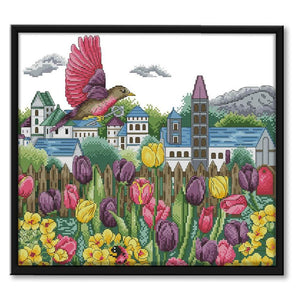 Tulip Bird 14CT Stamp Cross Stitch Cotton Embroidery Crafts 41x37cm  H808