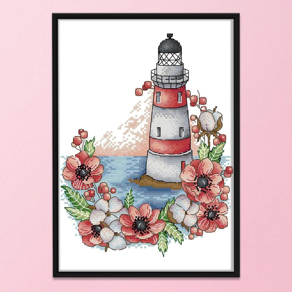 14CT Stamped DIY Flowers Lighthouse Cross Stitch Kit 22 X 30cm  FA052