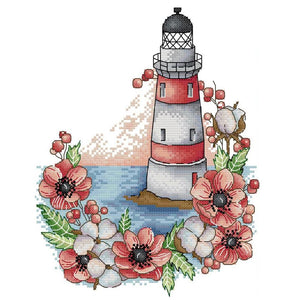 14CT Stamped DIY Flowers Lighthouse Cross Stitch Kit 22 X 30cm  FA052