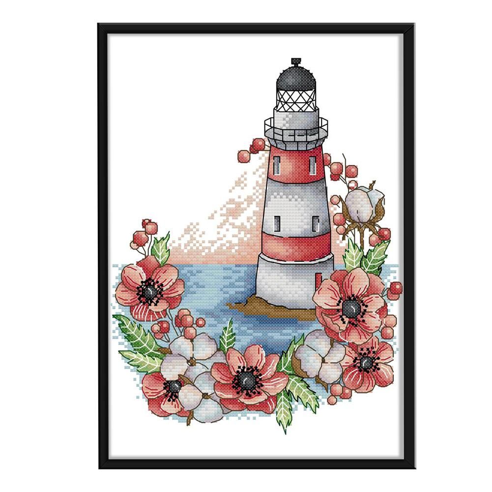 14CT Stamped DIY Flowers Lighthouse Cross Stitch Kit 22 X 30cm  FA052