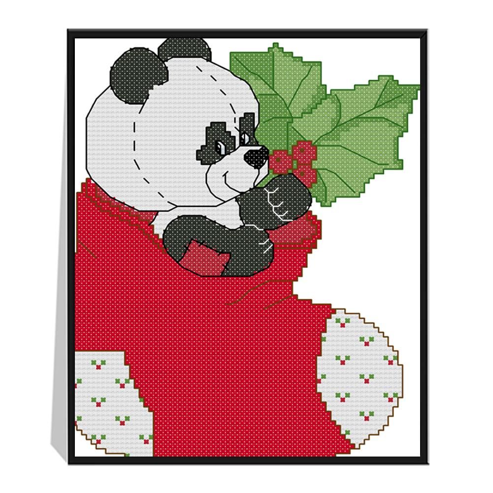 Panda in Christmas Stocking 14CT Stamped Cross Stitch Embroidery Needlework