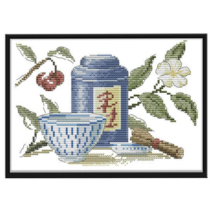 14CT Stamped Cotton Cross Stitch DIY Printed Needlework  Blue Tea Set