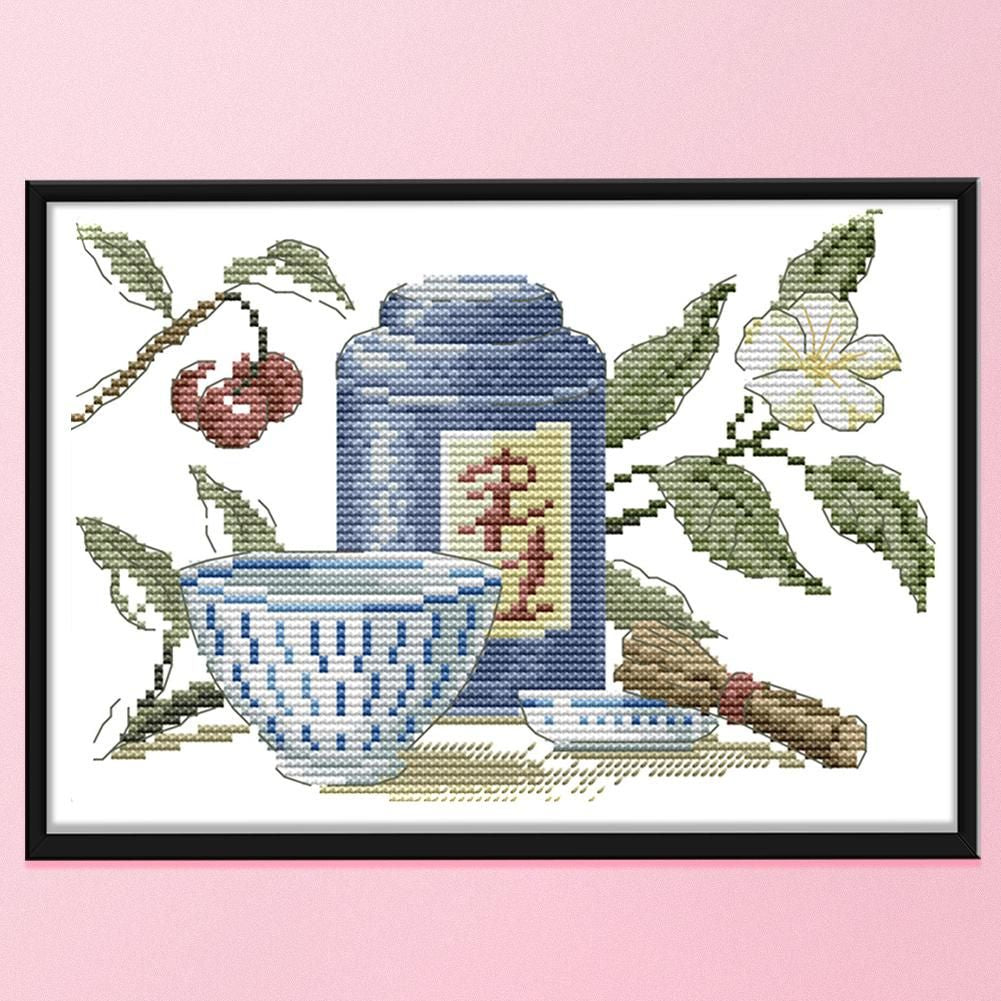 14CT Stamped Cotton Cross Stitch DIY Printed Needlework  Blue Tea Set