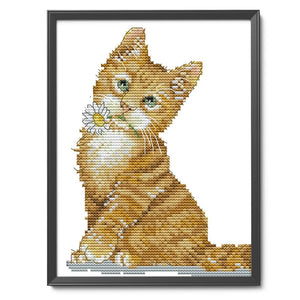 Cross Stitch Kits DIY Flower Cat 14CT Stamped Embroidery 17 X 21cm  DA199